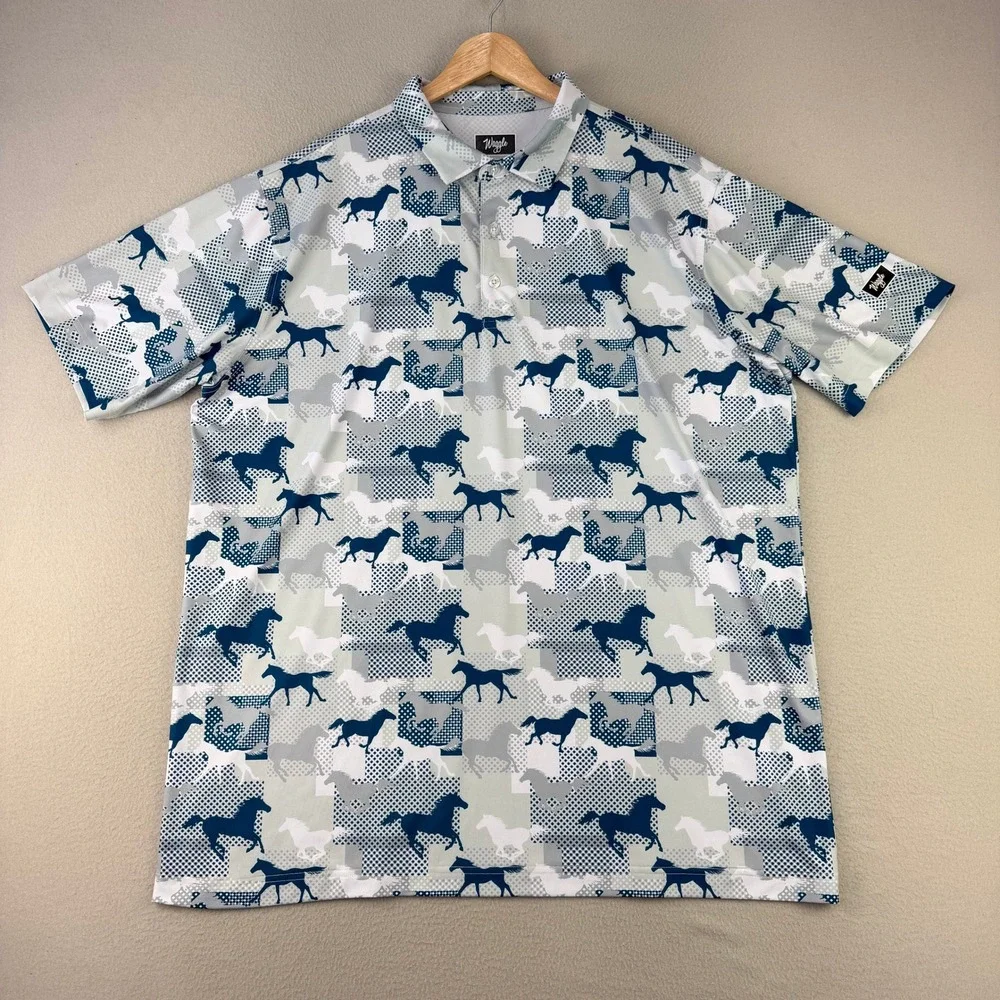 Waggle Kentucky Golf‎ Polo Shirt Mens 2XL Horse Print Performance Blue/White - Picture 3 of 9